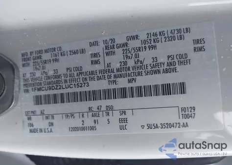 2020 Ford Escape Titanium Hybrid из США, поврежденный, VIN 1FMCU9DZ2LUC15273